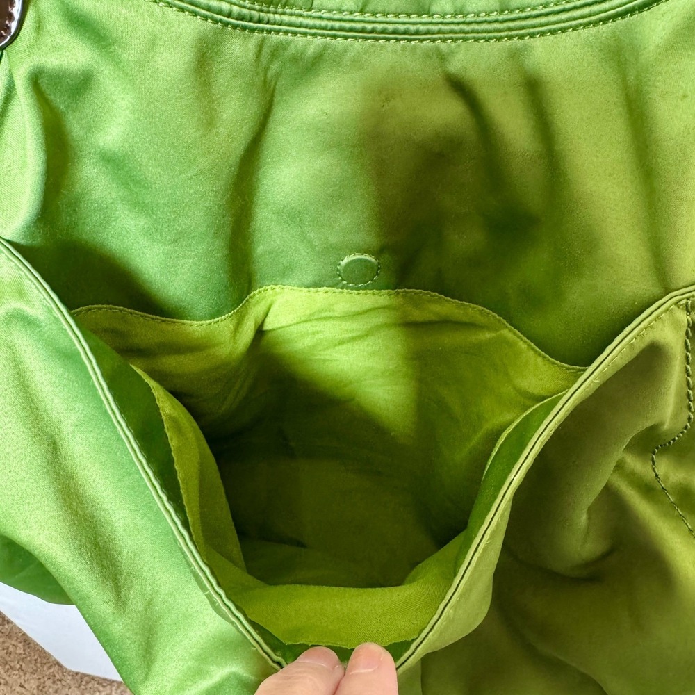Liz Claiborne Lime Green Nylon Shoulder Bag Brown Patent Leather Trim Hobo Tote - Picture 8 of 11